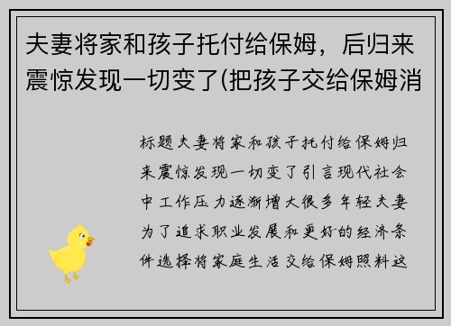 夫妻将家和孩子托付给保姆，后归来震惊发现一切变了(把孩子交给保姆消失五年)